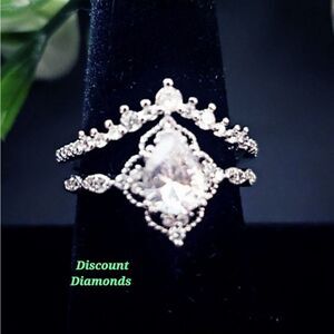2 Ring Set - Clear White Diamond Wedding or Engagement Rings on 925 Silver